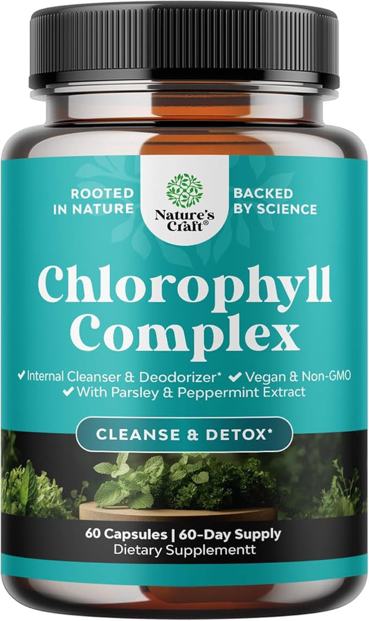 Chlorophyll Capsules for Cleanse and Detox Support - Internal Deodorant Pills for Body Odor with Mint & Parsley Extract Healthy Skin Immunity & Digestive Support - Vegan Non-GMO & Gluten Free (60ct)