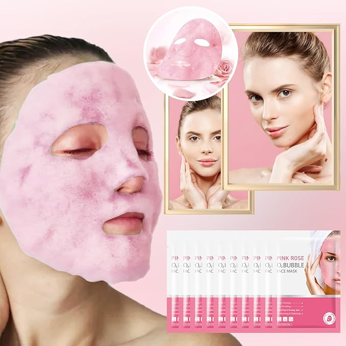 10 Sheets Pink Rose O2 Bubble Face Masks Skincare, Hydrating Moisturizing Bubble Face Masks for for All Skin Types, Sheet Masks Cleaner Foaming Purifying Facial Mask for Pores