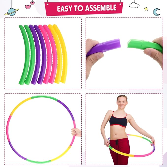 Chivao 8 Pack Color Detachable Hoop Fitness Waist Exercise Ring Plastic Exercise Hoop Adjustable Weight Size Plastic Adult Party Supplies Game Sport Gymnastic