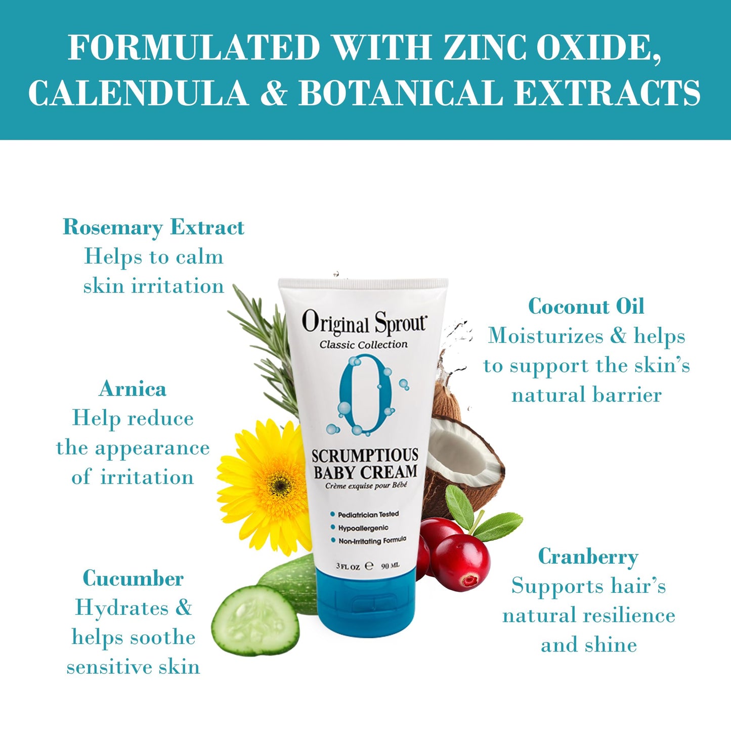 Original Sprout Scrumptious Baby Cream, Gentle Moisturizing Cream for Dry, Sensitive Skin & Diaper Rash, Non-Greasy Baby Lotion with Zinc Oxide & Calendula for Face & Body, 3 fl oz, Travel Size