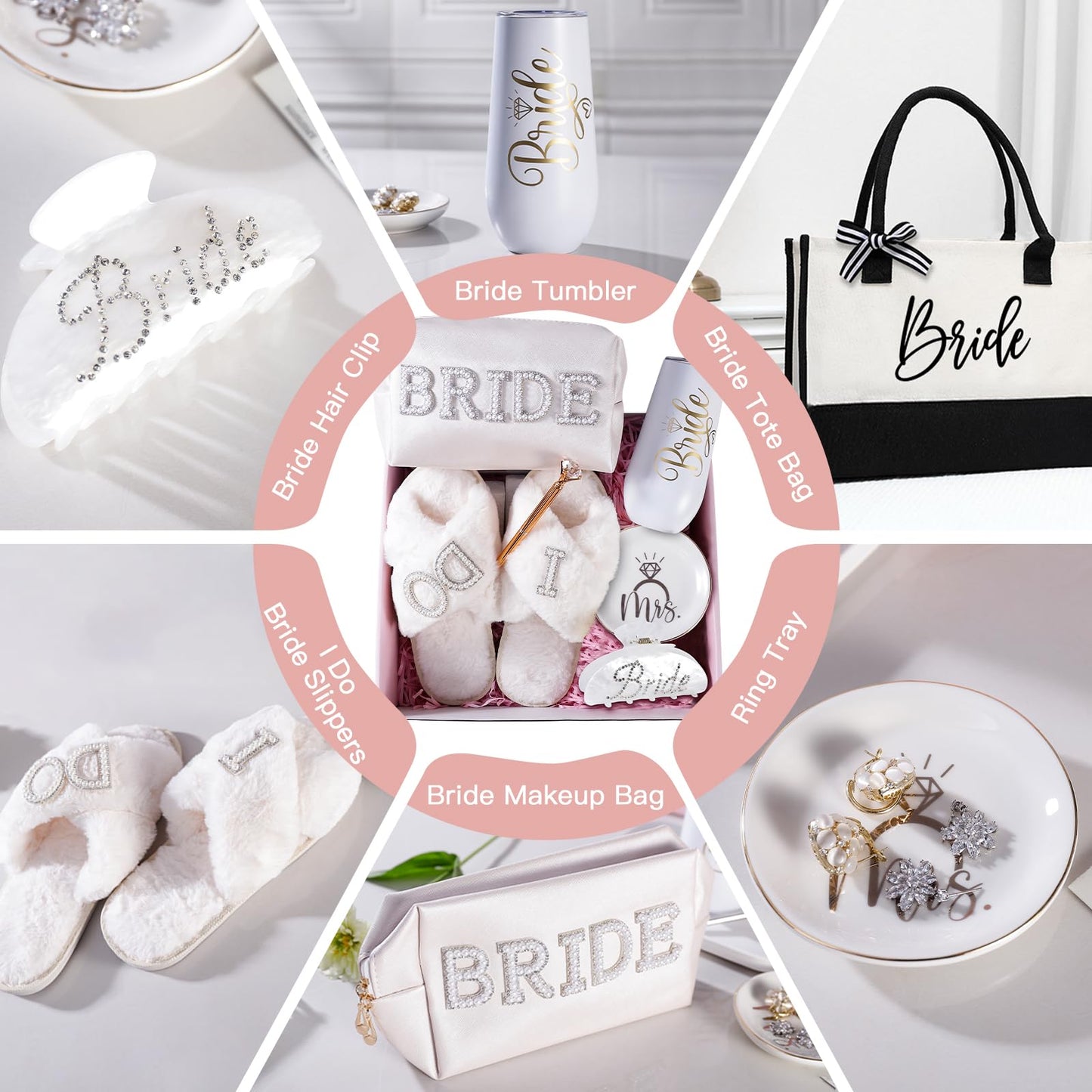 Bridal Shower Gifts–7-Piece Birde Gift Set with Tumbler, Tote, Slippers, Makeup Bag & More-Gift for Bride to be– Bachelorette Gifts for Her-Bridal Shower Decorations