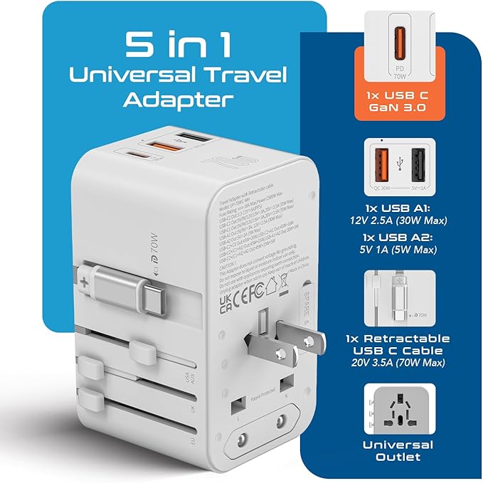 Ceptics GAN 70W Universal Travel Adapter with 65cm Retractable USB-C Cable, 2X USB-A (1x QC 3.0), 1x Type C Port (PD 70W), Universal Power Adapter with Type A, C, G, I Output