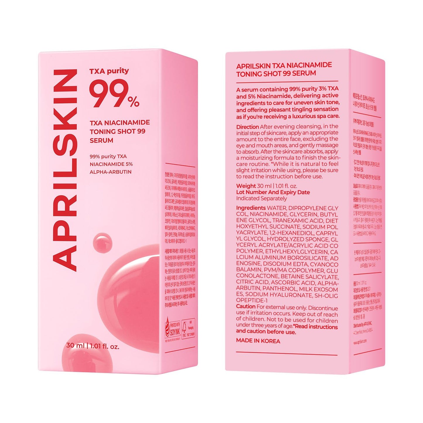 APRILSKIN TXA Niacinamide Toning Shot 99 Spicule Facial Serum｜Skin Booster Serum for Brightening and Pore Care｜99% High-Purity Tranexamic Acid 3% + Niacinamide 5%｜Korean Skin Care｜1.01 fl. oz.