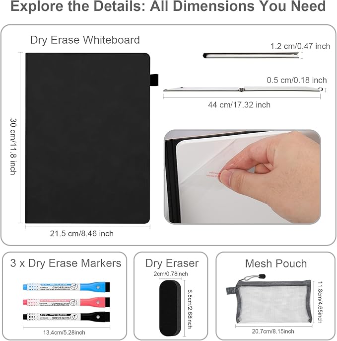 AGM Portable White Board Dry Erase Notebook, 12" x 9" Double Sided Folding Whiteboards with 3 Pens, Small Travel Dry Erase Board Skin-Friendly Material for Study, Meeting, Planning, Dark