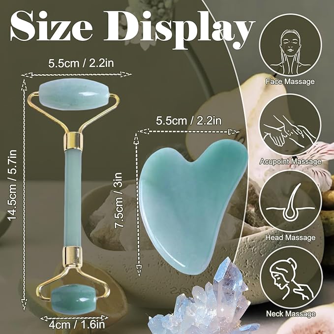 Jade roller and gua sha, facial roller, women's skincare tool, self-care gift, face, eye, neck massager, relieves fine lines and wrinkles, aventurine, opal, rose quartz