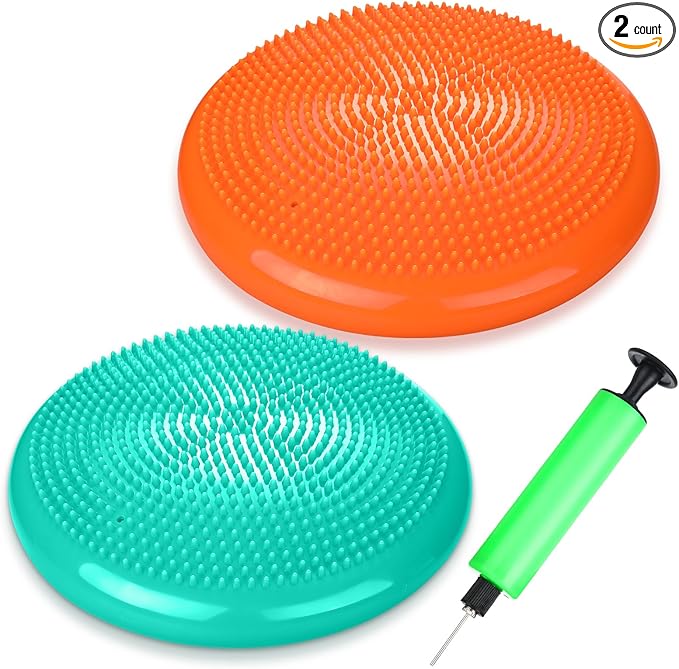 2 Pcs Wiggle Seat Inflated Wobble Cushion Flexible Balance Disc with Air Pump for Core Stability Strengthening Improving Posture Physical Exercise