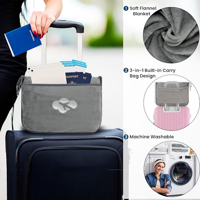 Blanket Pillow for Airplane Travel Essentials - 3 In 1 Travel Blanket and Pillow Set for Women Gifts, Plane Compact with Bag for Long Flight, International Traveler Must Haves Flying Accessories(Gray)