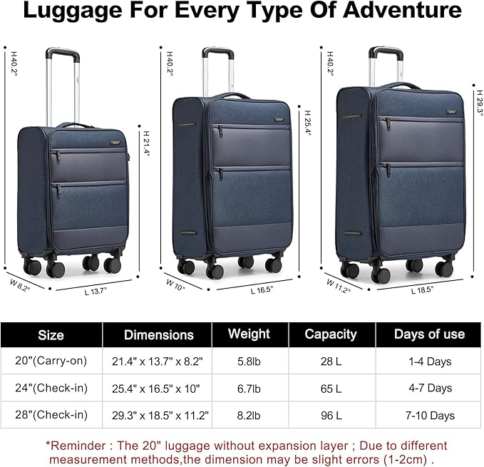 Kono 20 Inch Softside Carry On Luggage Airline Approved 20 Inch Spinner Wheels Lightweight Waterproof Suitcase with TSA Lock for Business Travel (Small, Navy Blue)