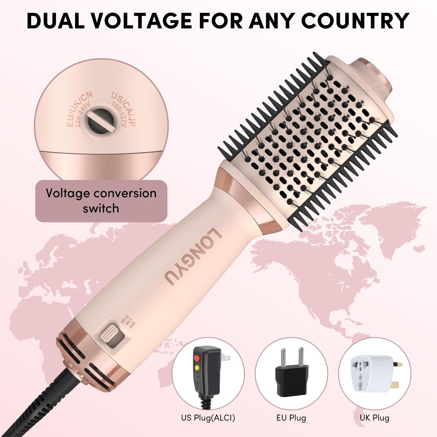 Longyu Travel Dual Voltage Hair Dryer Brush Mini Hot Air Brush with European Plug 110V-240V One Step Blow Dryer and Styler Volumizer for Home & Salon