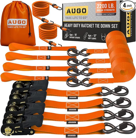 AUGO Ratchet Straps Heavy Duty 4 Pack -15 FT - 2200 LB Break Strength – with Safety Lock S Hooks - Cargo Straps for Moving, Appliances, Motorcycle – Soft Loop Tie Down Straps