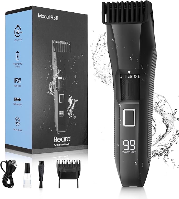 Beard Trimmer for Men, 20 Length Adjustable, Cordless Waterproof Clippers, Stainless Steel T-Blade for Precision Facial Hair Trimming with 2 Guide Combs, Travel Lock, LED Display