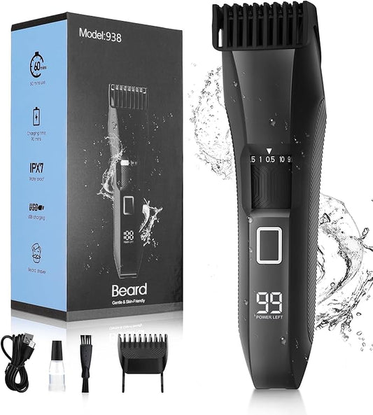 Beard Trimmer for Men, 20 Length Adjustable, Cordless Waterproof Clippers, Stainless Steel T-Blade for Precision Facial Hair Trimming with 2 Guide Combs, Travel Lock, LED Display
