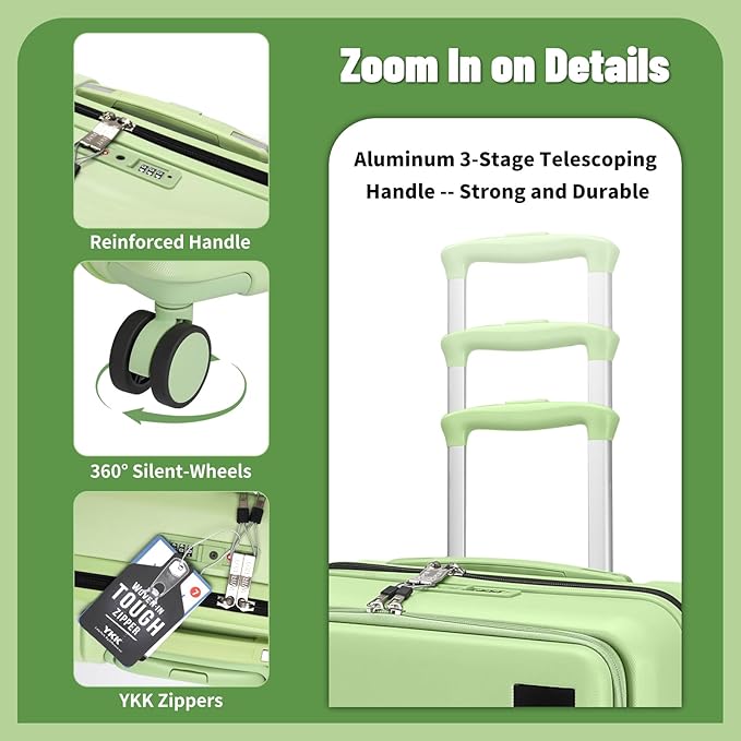 2 Piece Luggage Sets with Spinner Wheels Front Open Pocket, ABS+PC Suitcase with TSA Lock & YKK Zipper, Carry On 20/24 inch Medium +Toiletry Bag+Handbag, Light Avocado Green