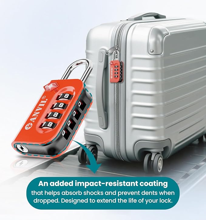 ANVIL TSA Approved Luggage Lock - 4 Digit Combination, 10,000 Combinations, Easy-Read Password Window, Travel Lock for Suitcases, Backpacks, Gym & Student Lockers, Baggage