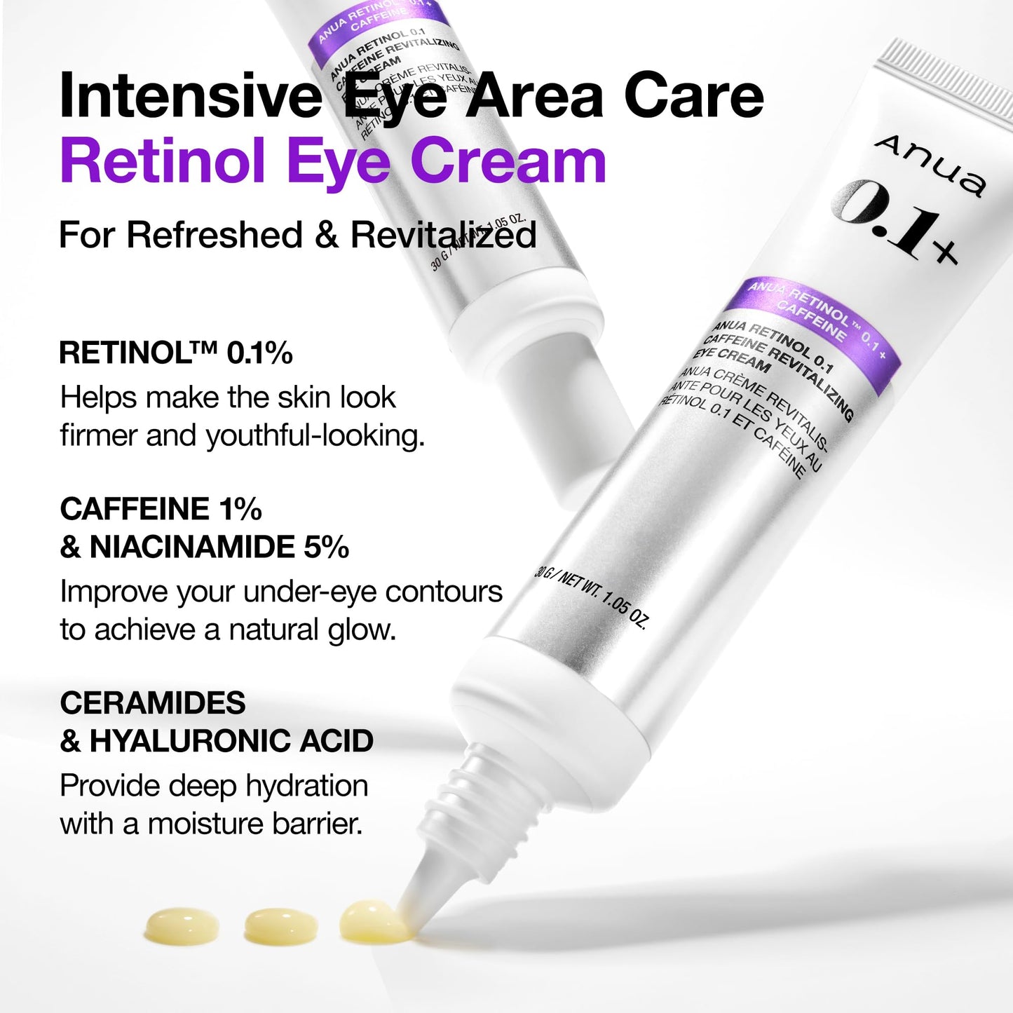 ANUA Retinol 0.1 Caffeine Revitalizing Eye Cream, Under Eye Cream For Hydration, Glow Up Eye Contour, Niacinamide, Retinol For Face, Night Cream For Eye Care, Korean Skin Care (30g/1.05oz)