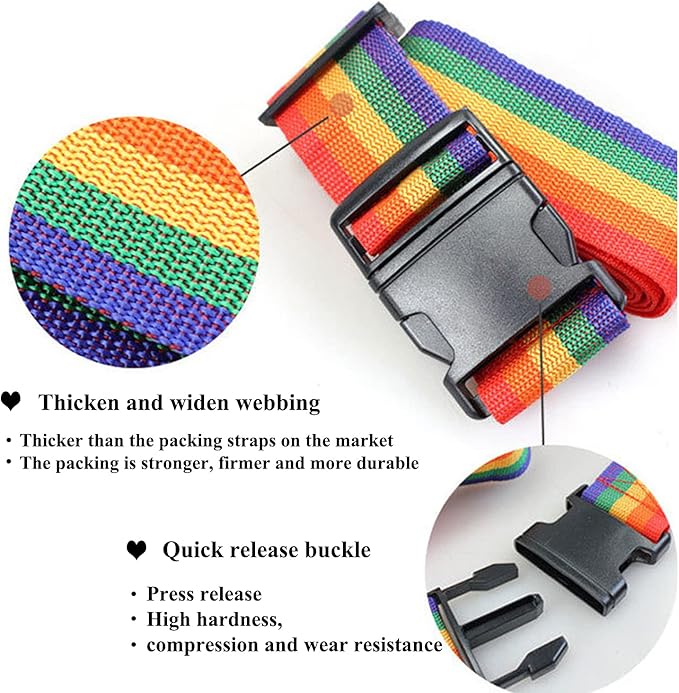 2 Pack Suitcase Belts, Adjustable Luggage Straps, Bright Colors Travel Packing Straps with Quick Release Buckle (Rainbow)