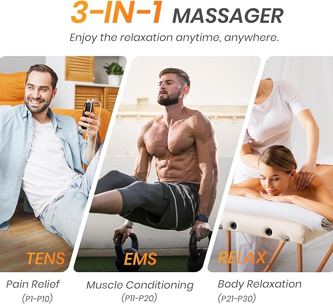 3-in-1 TENS Unit Muscle Stimulator with 30 Modes, 40 Intensities TENS Machine for Gradual Back Pain Relief Therapy, Rechargeable EMS Unit Massager with 12 TENS Electrode Pads, a Storage Bag