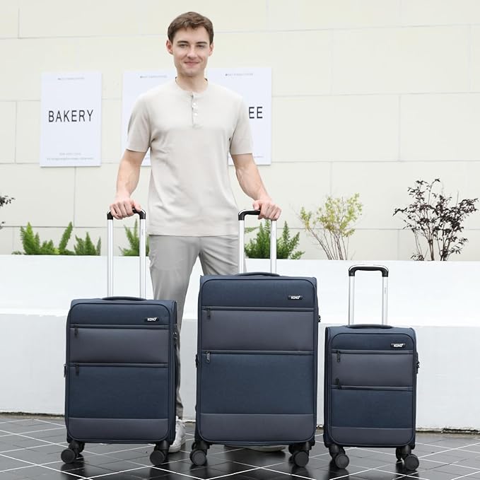 Kono 24 Inch Softside Expandable Checked Luggage with 8 Spinner Wheels TSA Lock Softshell Lightweight Business Travel Suitcase for Men and Women, Navy Blue