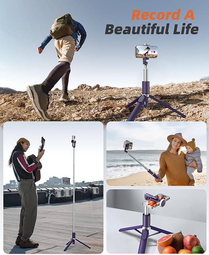 62" Phone Tripod & Selfie Stick, Tripod for iPhone with Remote, All-in-1 Cell Phone Stand, Portable, Extendable Stand for Selfies Video Recording Vlog, Compatible with iPhone Android (Purple)