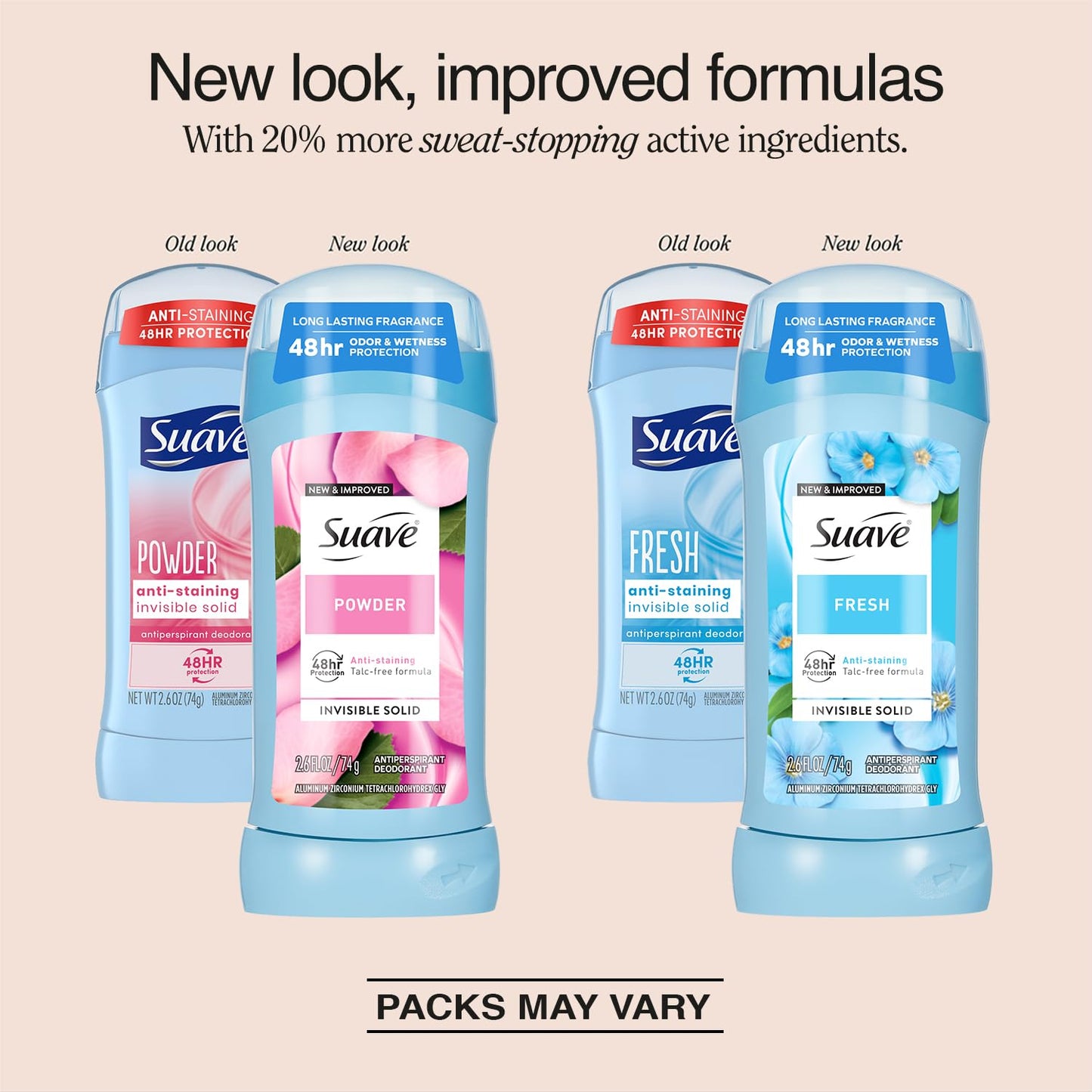 Suave Antiperspirant Deodorant for Women, Fresh & Powder Variety 2-Pack – Anti-Staining Invisible Solid Sticks, Talc-Free, 2.6 Oz Ea