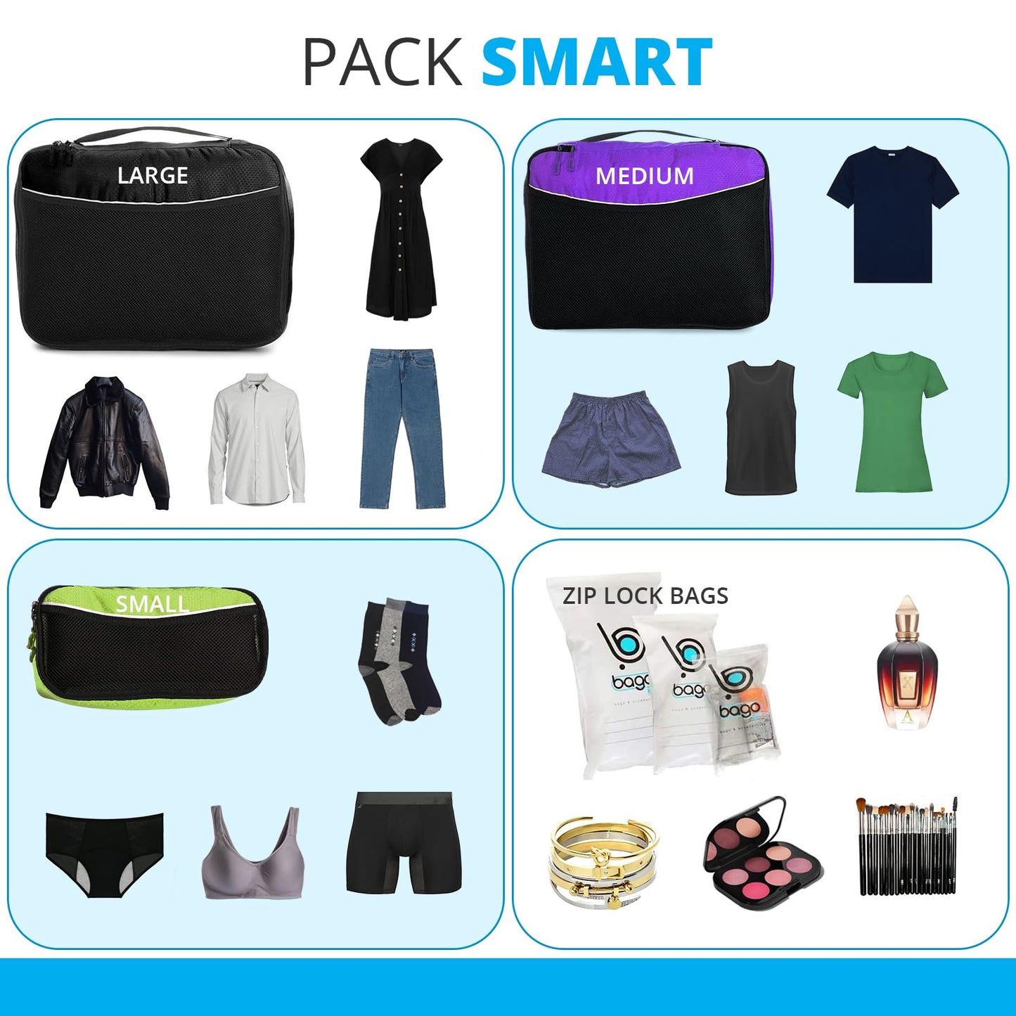 bago 8 Pcs Packing Cubes for Travel - 5 Travel Packing Cubes for Suitcases with 3 ZipLock Bags, Luggage Organizer Bags to Get Maximum Storage, Save Time & Effort to Pack (Black Blue Purple Green Pink)