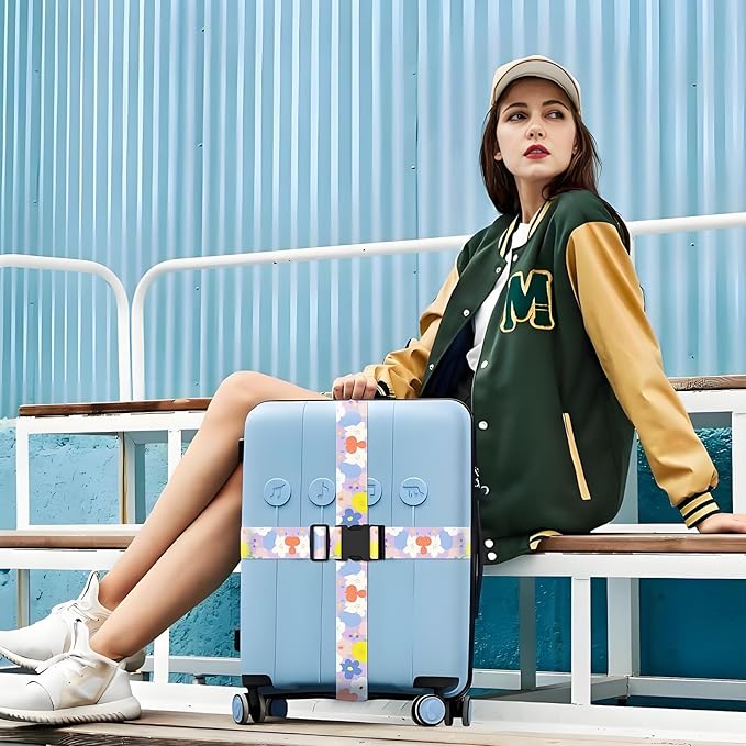 Colored Flowers Luggage Straps for Suitcases, Adjustable Luggage Travel Belt to Keep Luggage Security While Travel, Strong Polyester Fabric, Easy-to-Recognize Stylish Design Travel Accessories, 2 Pack