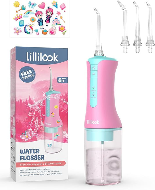 Kids Water Flosser Pink, Rechargeable Oral Irrigator for Kids Aged 6+, 4 Modes, 3 Jet Tips, Fun Stickers, Safe and Gentle Oral Care