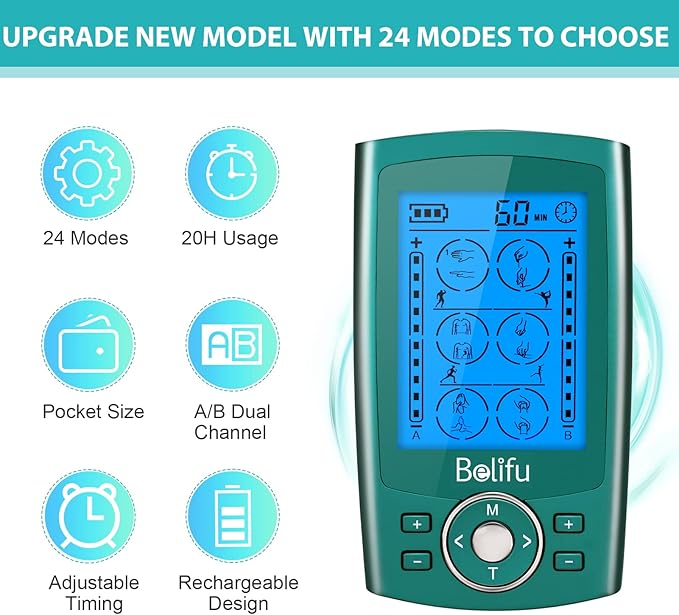 Belifu Dual Channel TENS EMS Unit with 12 Pads, 24 Modes Muscle Stimulator, Electronic Pulse Massager Muscle Massager for Pain Relief Therapy, Fastening Cable Ties, Dust-Proof Drawstring Storage Bag