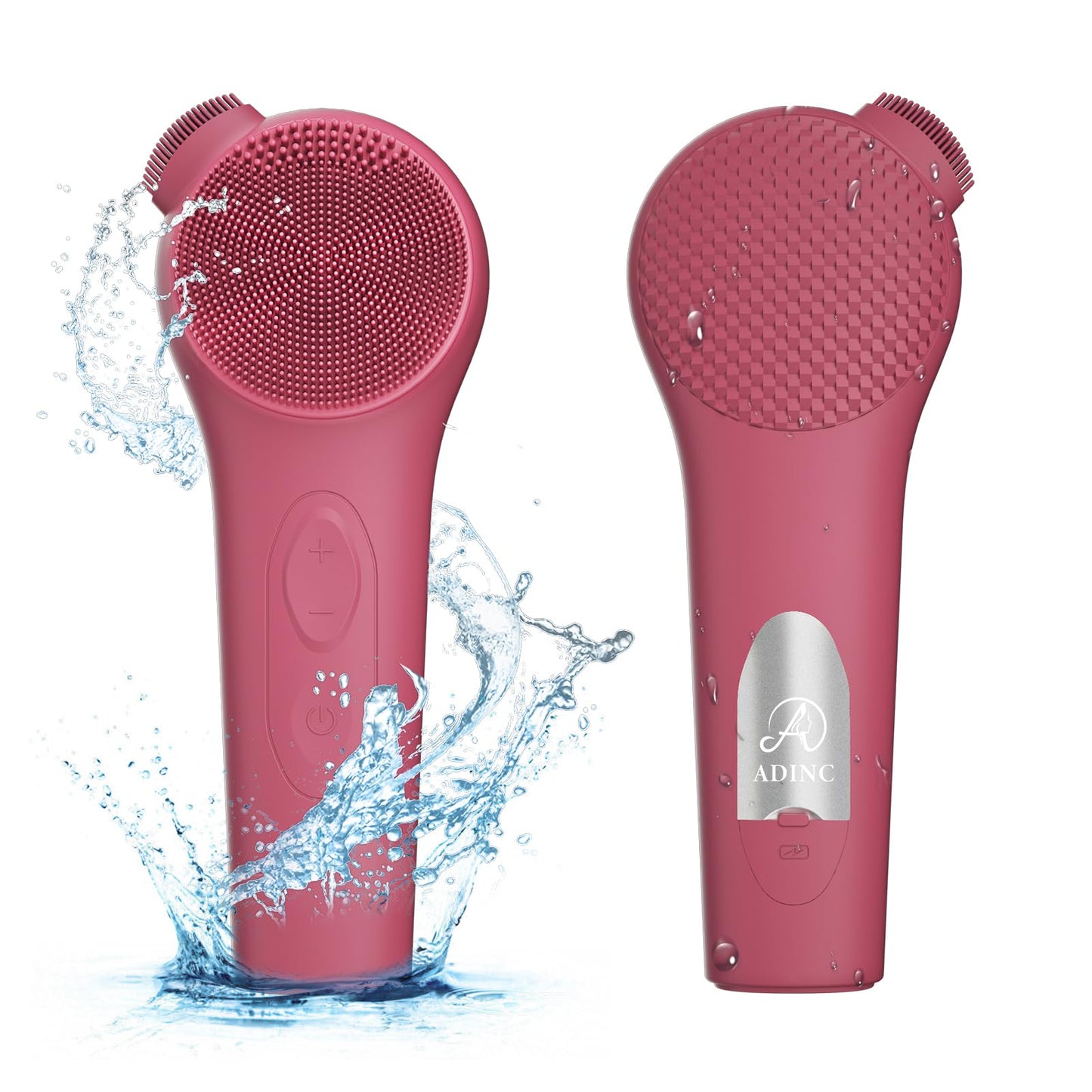 ADINC Silicone Face Scrubber, Waterproof Rechargeable Facial Cleansing Brush, 5 Cleansing Modes with Nose Brush for Women & Men Electric Facial Tool for Deep Cleaning Exfoliating, Massaging Berry
