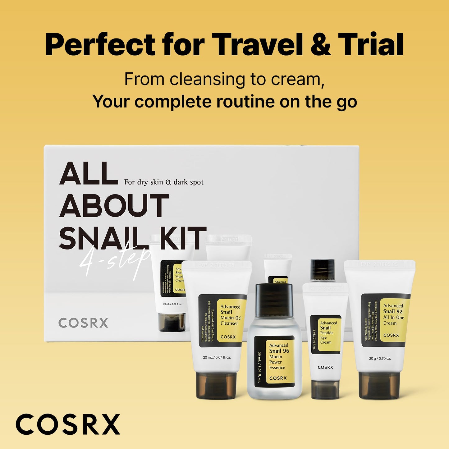 COSRX All About Snail Mucin Korean Skin Care Set, Mini Travel Essentials, Travel Size Gift Set with Snail Mucin Face Wash, Serum, Moisturizer & Eye Cream, Rejuvenating Kit