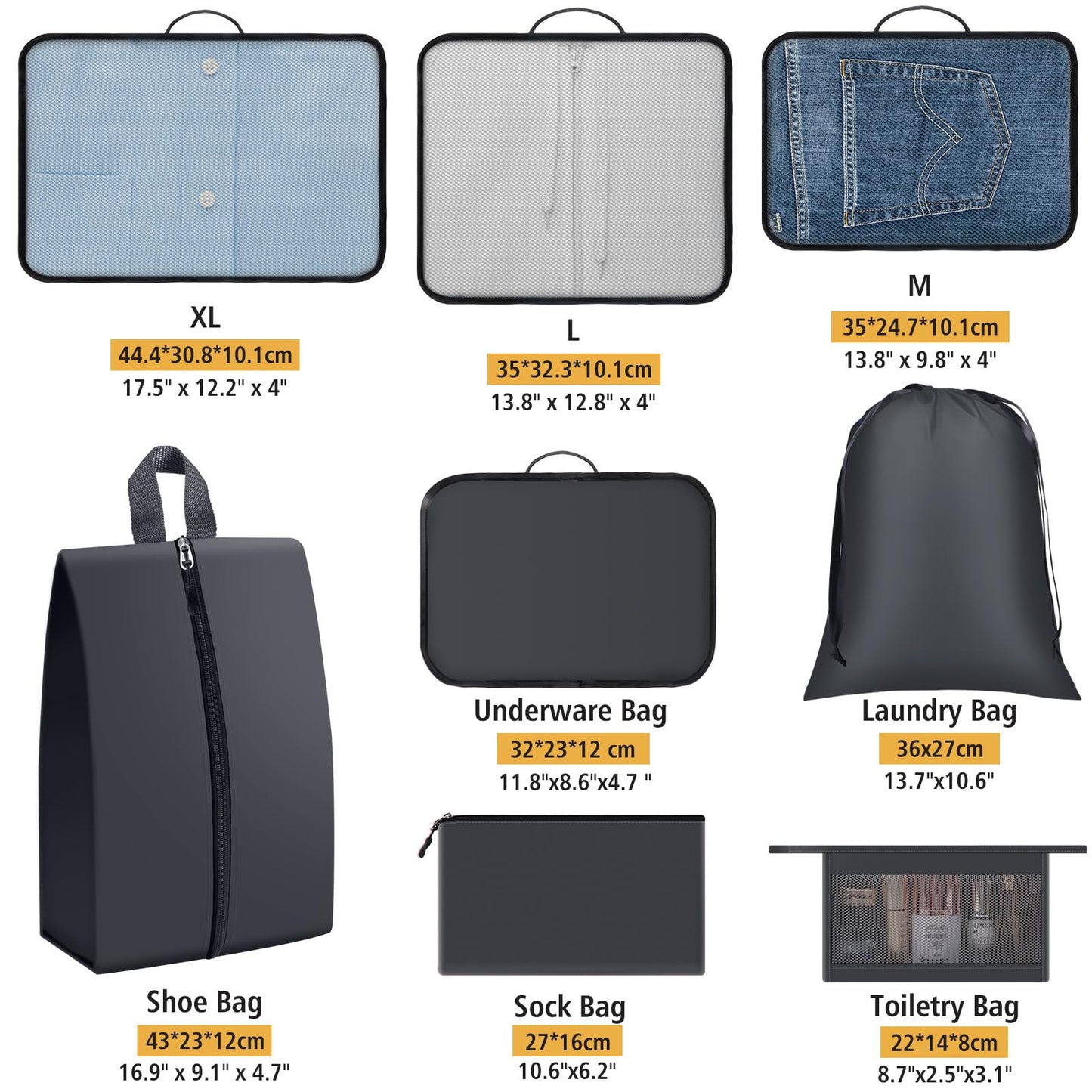 Geekclick 8 Set Packing Cubes for Travel Essentials, Organizers for Suitcase and Luggage in 4 Sizes, Luggage Organizer with Toiletries/Laundry/Shoes/Sock Bags (Grey)