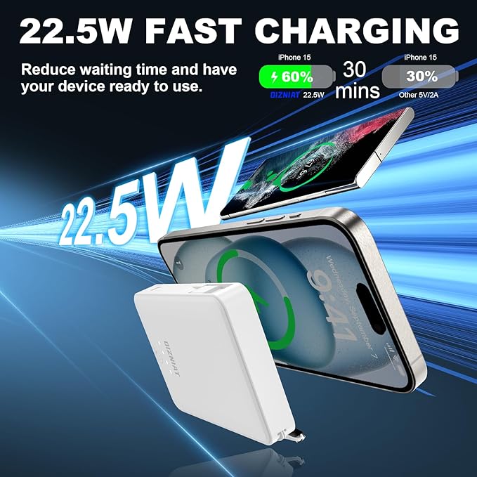 10000mAh Power Bank Portable Charger, Ultra Slim 22.5W Fast Charging with Built in USB C and ‌Lightning Cable, 4 Outputs Power Bank for iPhone 11/12/13/14/15/16 Android Samsung - White