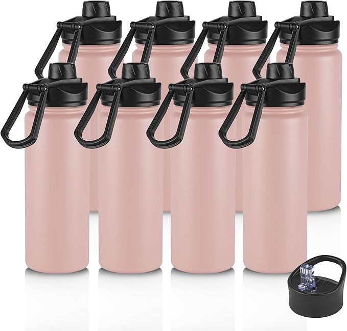 16 oz Insulated Water Bottle with Straw Lids, Stainless Steel Kids Water Bottles for School, Double Wall Vacuum Metal Water Bottle with Straw & Wide Mouth Lid, Harbor Pink 8 Pack