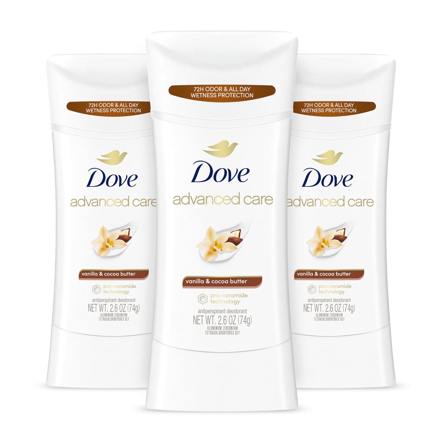 Dove Advanced Care Antiperspirant Deodorant Stick Vanilla & Cocoa Butter 3 Count Antiperspirant deodorant with Pro-Ceramide Technology 72-hour odor control and all-day sweat protection 2.6 oz
