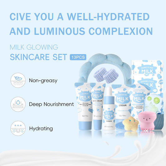 13PCS Milk Skincare Set for Kids & Teens, Complete Kids Skin Care Set for Girls Ages 8-12, Skin Care for Kids Girl 10-12, Skin Care Set for Teens, Face Care Kit Gentle, Nourishing, All Skin Types