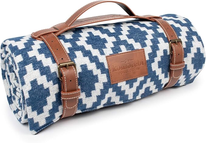 Komorebi Extra Large Picnic Blanket - 78” x 59” - Waterproof Outdoor Blanket, Foldable & Portable Sandproof Beach Blanket - Blue Travel Mat with Soft Cotton & Carry Handle