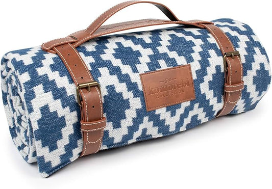 Komorebi Extra Large Picnic Blanket - 78” x 59” - Waterproof Outdoor Blanket, Foldable & Portable Sandproof Beach Blanket - Blue Travel Mat with Soft Cotton & Carry Handle
