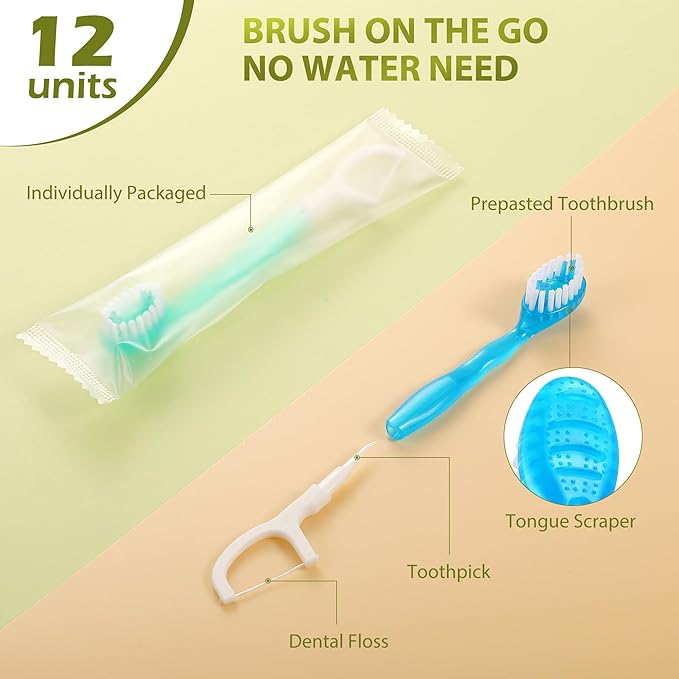 B Rush Prepasted All in 1 Toothbrush, Complete Oral Care 5 in 1 Toothbrush, Include Toothpaste,Tongue Cleaner,Dental Floss and Pick,Individual Wrapped Disposable for Travel and Daily Care, Pack of 24