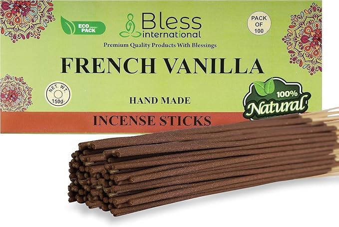 Bless-French-Vanilla 100%-Natural-Handmade-Hand-Dipped-Incense-Sticks Organic-Chemicals-Charcoal-Free Purification-Relaxation-Positivity-Yoga-Meditation Best-Woods-Scent (100 Sticks(5.25 OZ))