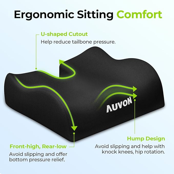 AUVON Anti-Slip Wheelchair Cushions with Front High Rear Low & Hump Design, Ergonomic Seat Cushion to Optimize Sitting Posture, Chair Cushions Relieve Sciatica, Back, Pressure Sore & Ulcer Pain