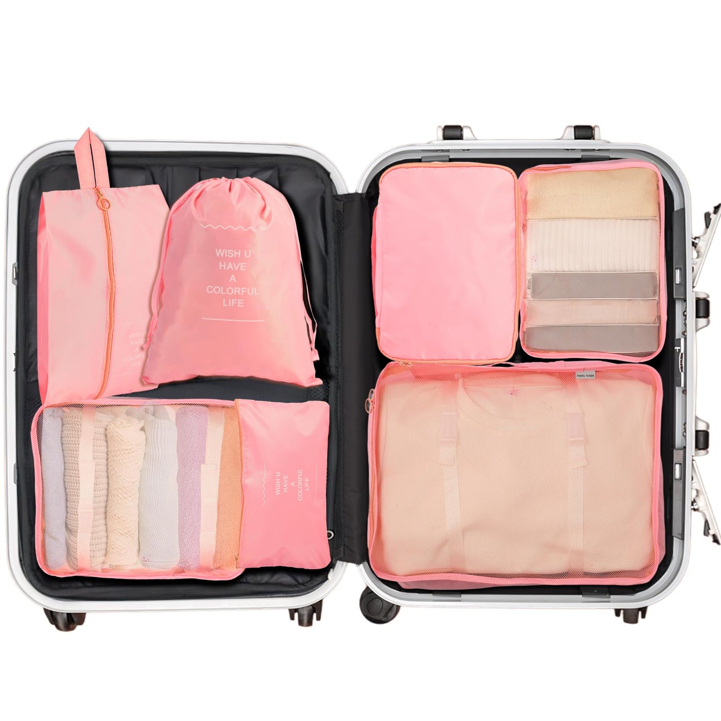 7PCS Packing Cubes for Suitcases, Travel Luggage Organizer Bags, Suitcase Organizer Bags Set for Carry on Luggage Travel Essentials, Pink