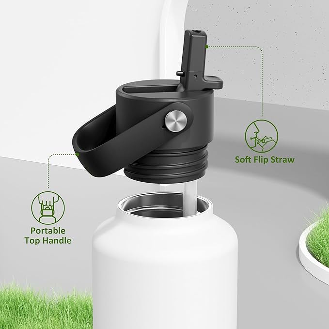 24 oz Travel Water Bottle for Teens: Standard Mouth, Leakproof, BPA-Free, Easy Hold Handle, Insulated Stainless Steel Thermos with Straw for School, Outdoors, Running, Camping, Sport (Frost White)