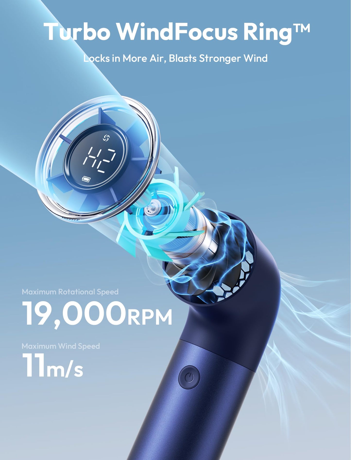 Aecooly Portable Handheld Fan, Powerful Turbo Air Tube Fan, 19000 RPM High Speed Aero Pro, 15H Max Cooling Time, 6 Speeds Aluminum Case, Mini Pocket Design, for Travel Beach Outdoor Activities -Blue