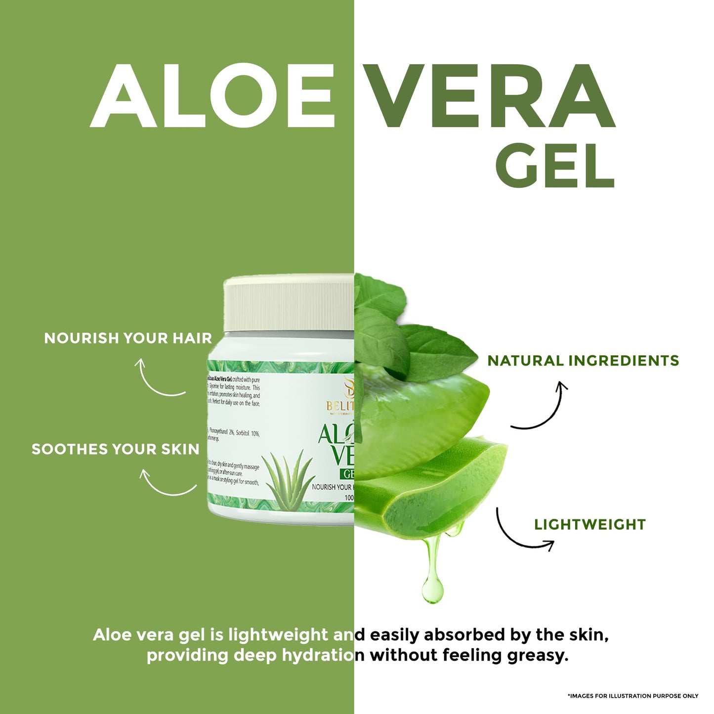 Belitaas 99% Pure Aloe Vera Gel, Hydrating & Soothing Multi-Purpose Gel for Face, Hair & Body, Non-Sticky After-Sun & Shaving Relief, Paraben-Free Unisex Skin Care, 100 g