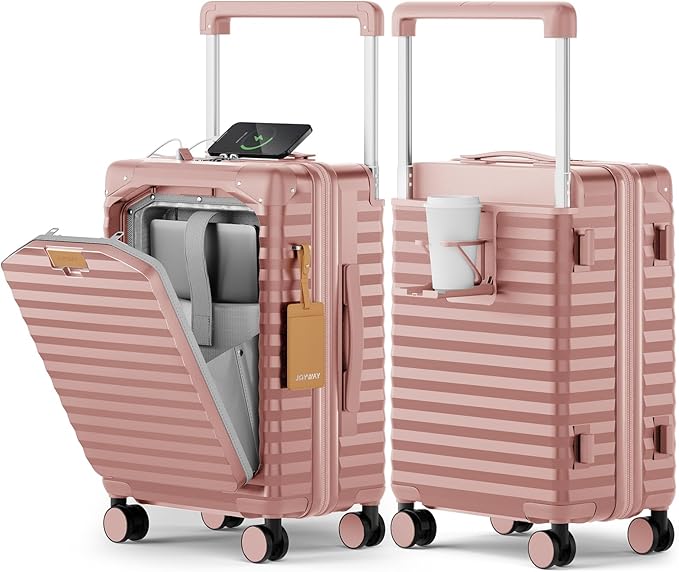Joyway 20 Inch Carry on Luggage with Front Pocket, PC Hardshell Carry-on Suitcase with USB Port and Cup Holder, 21.5x14.2x9 Airline Approved, Luggage with Spinner Wheels and TSA Lock (Rosa Gold)