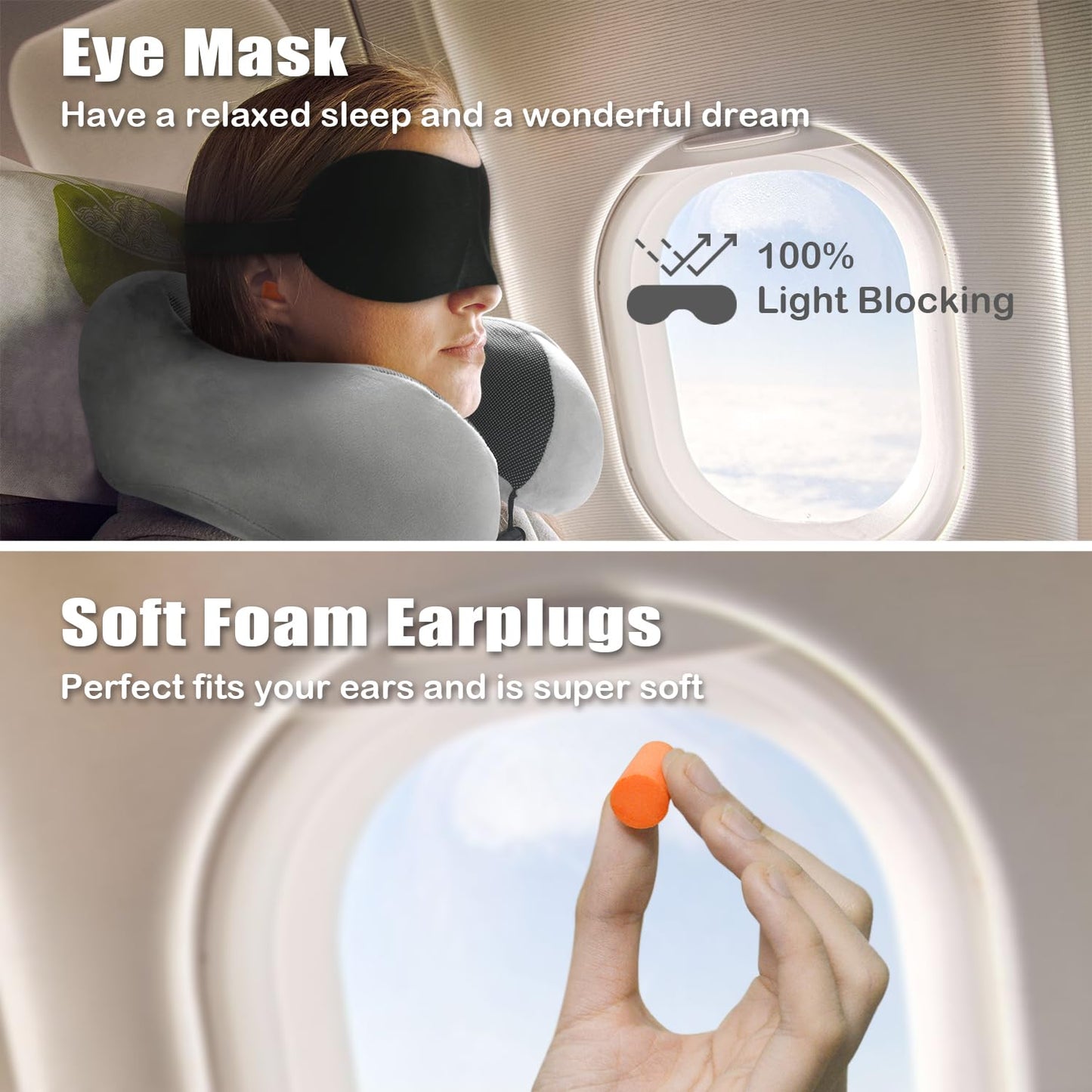 Travel Pillow, Memory Foam Neck Pillow for Traveling, U Shape Neck Pillow Airplane Portable Flight Pillow Travel Kit with 3D Contoured Eye Masks and Earplug for Plane Train Car Home Office - Grey