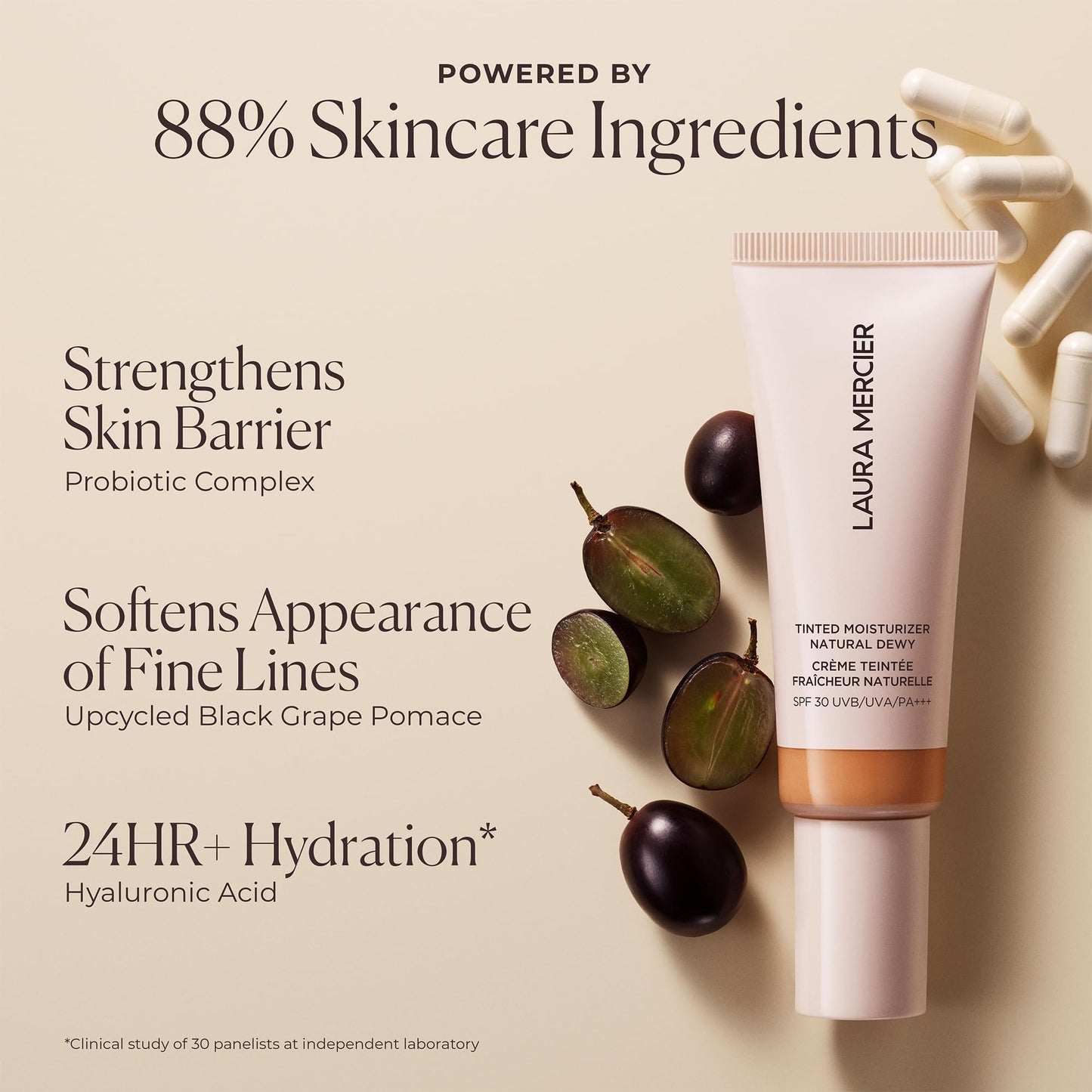 Laura Mercier Tinted Moisturizer Natural Dewy with SPF 30, 24HR+ Hydration & Longwear, Sheer to Light, Buildable Coverage, Dewy Finish, Improve Skin Tone and Texture, Skin Tint, 3N Sand Mini Size