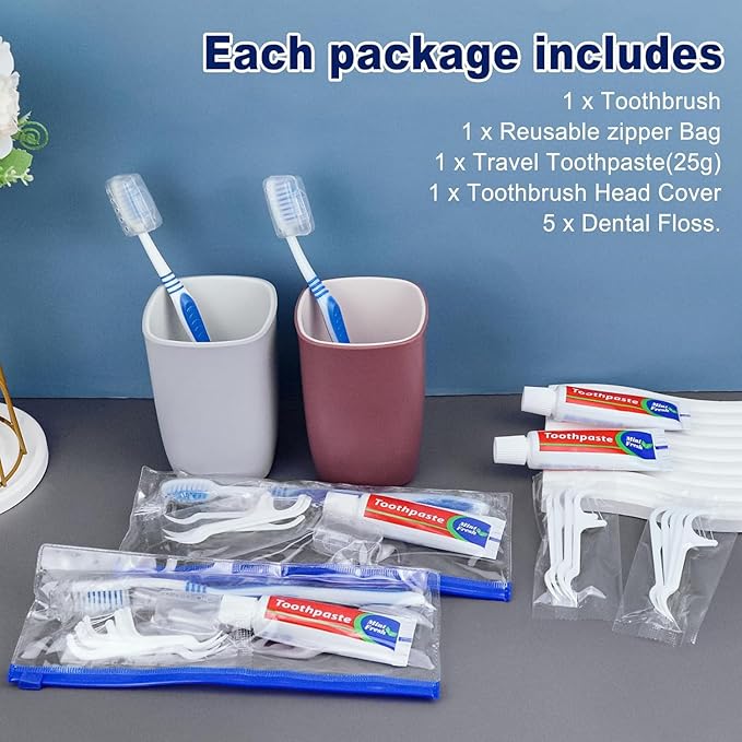 50 Disposable Toothbrushes with Toothpaste Set,Travel Kit with Plastic Zip Bag,Toothbrush Head Cover, Floss Pick,25 gram Toothpaste,Bulk Toothbrush for Homeless,Travel,Hotel(50)