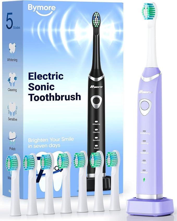 Bymore Electric Toothbrush for Adults,Travel Sonic Toothbrush with 8 Replacement Heads, Ultra Clean RechargeableToothbrush Portable One Charge for 330days 5 Modes 2mins Timer-Purple