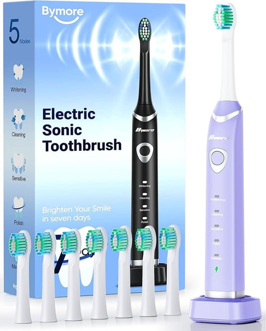 Bymore Electric Toothbrush for Adults,Travel Sonic Toothbrush with 8 Replacement Heads, Ultra Clean RechargeableToothbrush Portable One Charge for 330days 5 Modes 2mins Timer-Purple